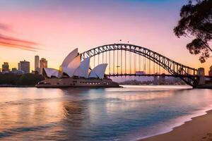 Sydney ópera casa e Sydney ponte às pôr do sol. gerado por IA foto