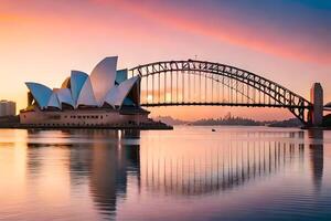 a Sydney ópera casa e ponte às pôr do sol. gerado por IA foto