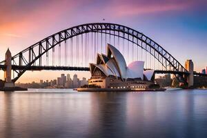 a Sydney ópera casa e ponte às pôr do sol. gerado por IA foto