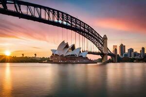 a Sydney ópera casa e ponte às pôr do sol. gerado por IA foto