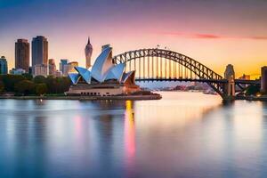 Sydney ópera casa e Sydney ponte às pôr do sol. gerado por IA foto