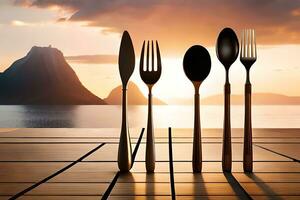 quatro garfos e colheres em uma de madeira mesa com uma pôr do sol dentro a fundo. gerado por IA foto