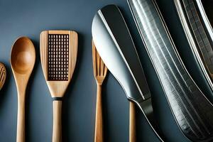 uma grupo do de madeira utensílios em uma mesa. gerado por IA foto