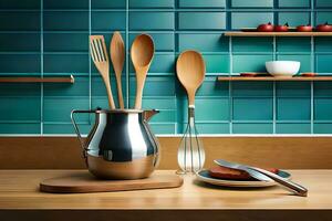 uma cozinha com utensílios e uma de madeira colher. gerado por IA foto
