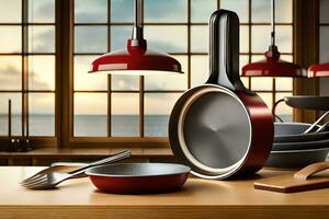 uma cozinha com vermelho e Preto aparelhos. gerado por IA foto