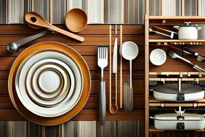 uma de madeira mesa com utensílios e pratos. gerado por IA foto