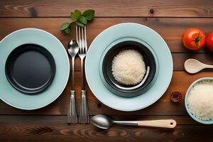 uma mesa com arroz, colheres e uma tomate. gerado por IA foto