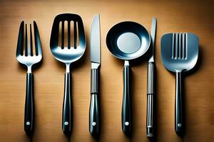 cinco diferente tipos do cozinha utensílios estão mostrando. gerado por IA foto