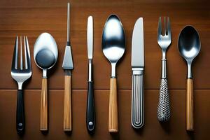 uma grupo do diferente tipos do utensílios em uma mesa. gerado por IA foto