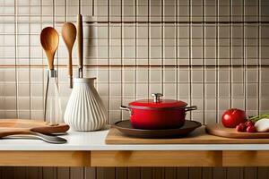 uma cozinha contador com uma vermelho Panela, de madeira colheres e uma faca. gerado por IA foto