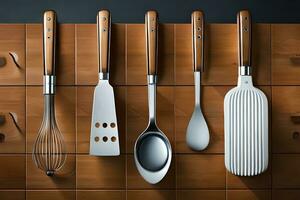 uma grupo do quatro cozinha utensílios estão forrado acima em uma de madeira superfície. gerado por IA foto