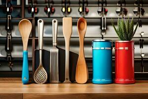 uma grupo do cozinha utensílios estão forrado acima em uma mesa. gerado por IA foto