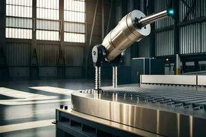 uma máquina é dentro uma fábrica com uma metal superfície. gerado por IA foto