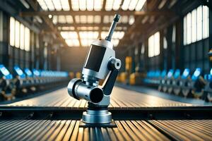 uma robô é sentado em uma metal mesa dentro uma fábrica. gerado por IA foto