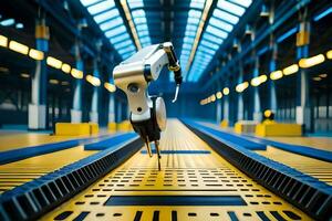 uma robô é em pé em uma transportador cinto dentro uma fábrica. gerado por IA foto