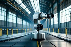 uma robô é sentado em uma transportador cinto dentro uma fábrica. gerado por IA foto