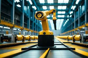 uma robótico braço é em pé dentro uma fábrica. gerado por IA foto