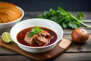 chinês carne de porco e feijão sopa com legumes e ervas. gerado por IA foto