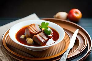 uma tigela do sopa com carne e legumes. gerado por IA foto