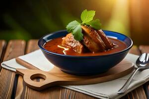 uma tigela do sopa com carne e guarnição, enfeite, adorno em uma de madeira mesa. gerado por IA foto