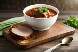 carne de porco e tomate sopa dentro uma tigela em uma de madeira mesa. gerado por IA foto