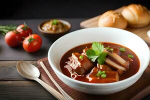 uma tigela do sopa com carne e legumes em uma de madeira mesa. gerado por IA foto