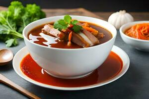 chinês carne de porco e feijão sopa com pauzinhos. gerado por IA foto