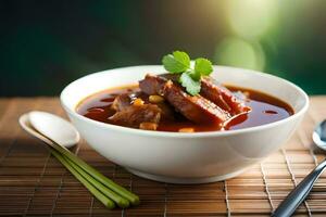 chinês carne de porco e feijão sopa dentro uma tigela. gerado por IA foto