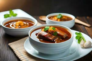 três taças do sopa com carne e legumes. gerado por IA foto