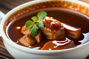 uma tigela do sopa com carne e legumes. gerado por IA foto