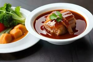 uma tigela do sopa com carne e legumes em uma mesa. gerado por IA foto