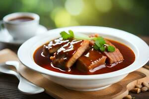 chinês carne de porco e feijão coalhada sopa. gerado por IA foto