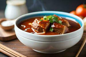 chinês carne de porco e legumes sopa dentro uma tigela. gerado por IA foto