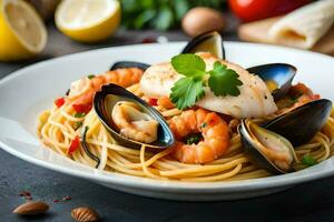 espaguete com frutos do mar e mexilhões. gerado por IA foto