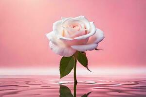 uma solteiro rosa é em pé dentro água com uma Rosa fundo. gerado por IA foto