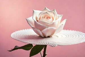 uma branco rosa em uma circular prato com uma Rosa fundo. gerado por IA foto