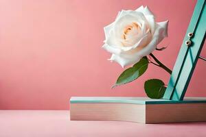 uma branco rosa é sentado em topo do uma livro. gerado por IA foto