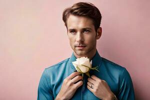 uma homem dentro uma azul camisa segurando uma branco rosa. gerado por IA foto