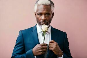 uma homem com branco cabelo e uma terno segurando uma rosa. gerado por IA foto