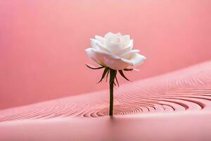 uma solteiro branco rosa é em pé em uma Rosa superfície. gerado por IA foto