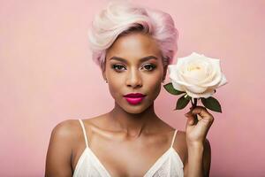 lindo africano americano mulher com Rosa cabelo segurando uma rosa. gerado por IA foto