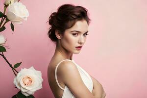 lindo mulher com branco rosas em Rosa fundo. gerado por IA foto