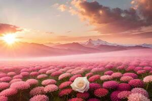 uma campo do Rosa flores e uma rosa dentro a meio. gerado por IA foto
