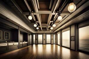 uma grandes corredor com de madeira pavimentos e janelas. gerado por IA foto