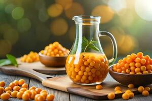 laranja suco dentro uma vidro garrafa e taças do laranja suco em uma de madeira mesa. gerado por IA foto