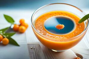 uma vidro do laranja suco com uma colher. gerado por IA foto