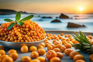 laranja mar espinheiro bagas em uma mesa com mar e pôr do sol. gerado por IA foto