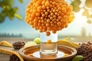 uma vidro vaso preenchidas com uvas e de outros frutas. gerado por IA foto