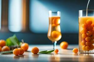 uma vidro do laranja suco com fruta em a mesa. gerado por IA foto