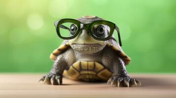 uma fofa pequeno verde tartaruga com copos, gerar ai foto